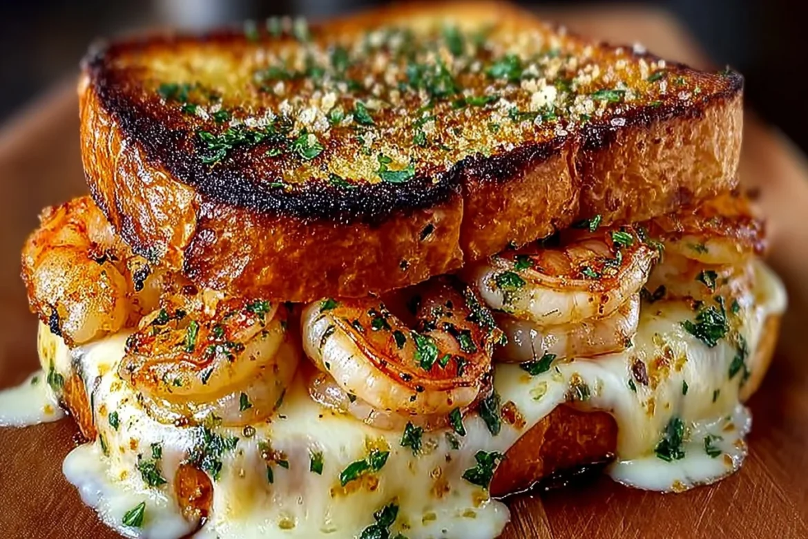 Ultimate shrimp grilled cheese sandwich with garlic bread