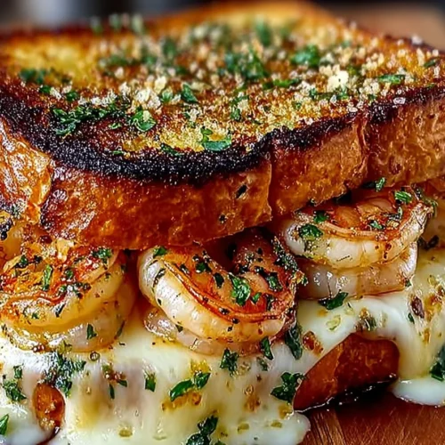 Ultimate shrimp grilled cheese sandwich with garlic bread