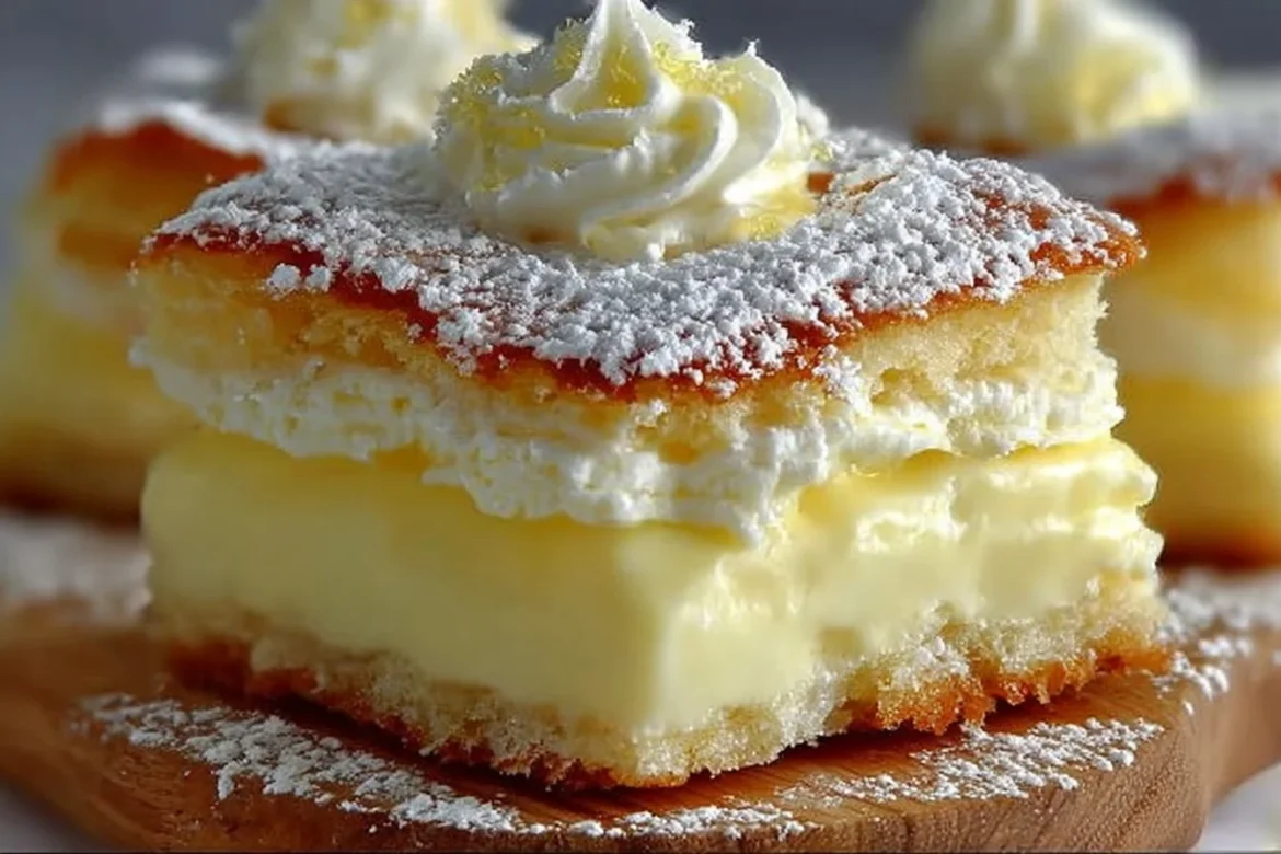 Homemade Vanilla Custard Cream Squares dessert on a white plate