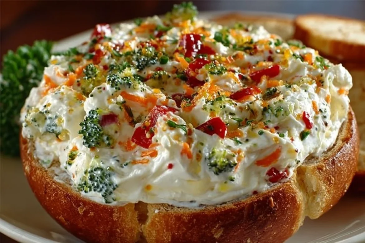 Veggie Cream Cheese spread with fresh vegetables on a wooden board.