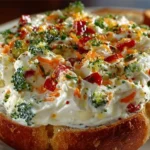 Veggie Cream Cheese spread with fresh vegetables on a wooden board.