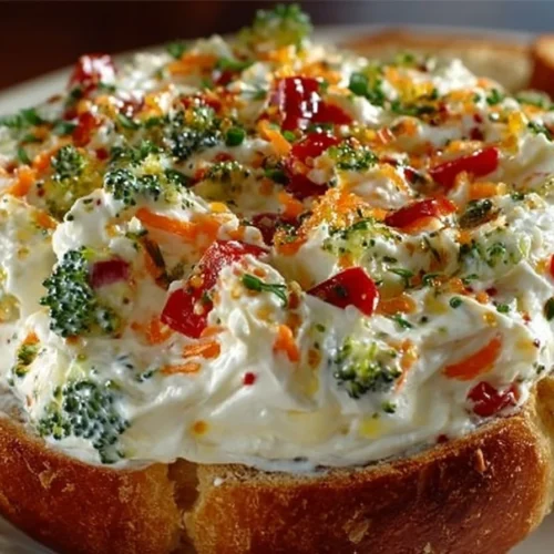 Veggie Cream Cheese spread with fresh vegetables on a wooden board.
