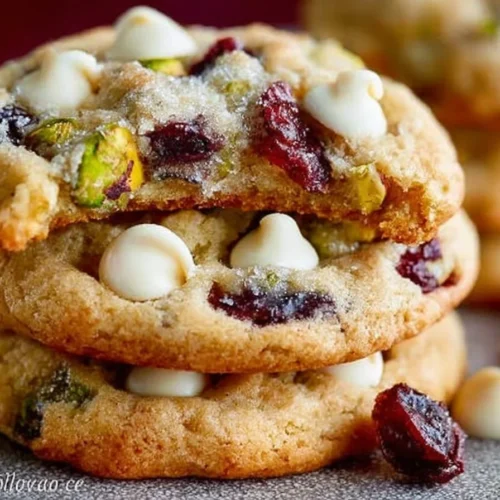Freshly baked White Chocolate Cranberry Pistachio Cookies on a plate