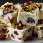 Delicious white chocolate cranberry pistachio fudge in a square cut piece