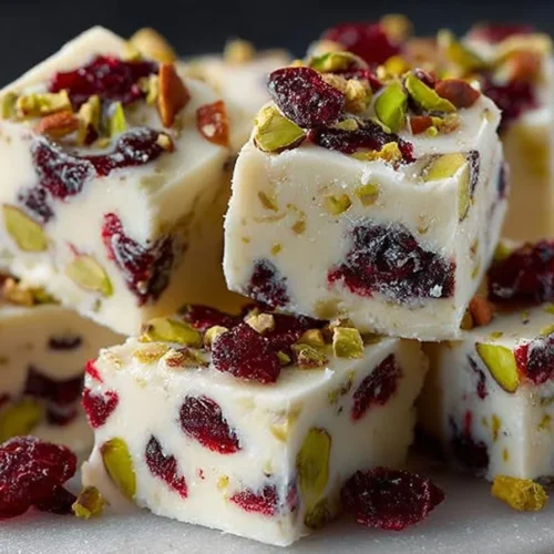 Delicious white chocolate cranberry pistachio fudge in a square cut piece