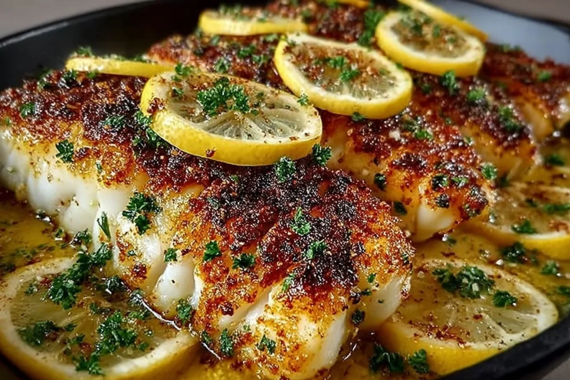 Delicious zesty lemon butter fish fillets served on a plate with fresh garnishes