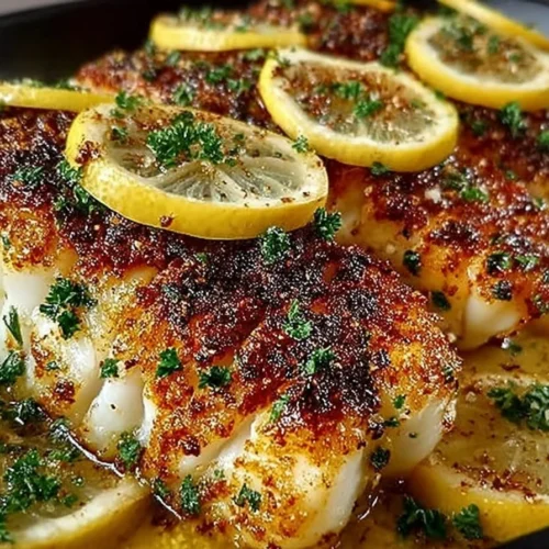 Delicious zesty lemon butter fish fillets served on a plate with fresh garnishes