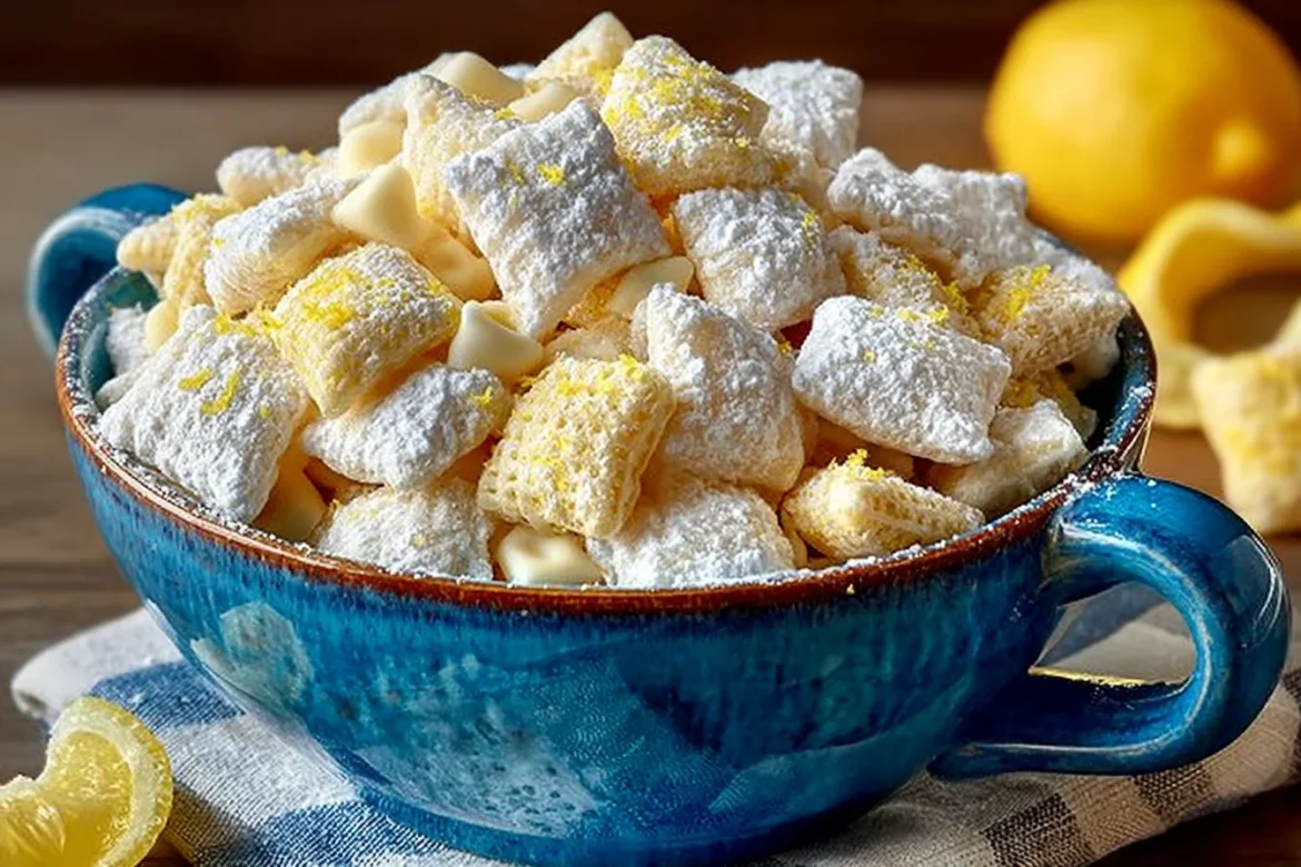 Bowl of zesty lemonade puppy chow with colorful ingredients