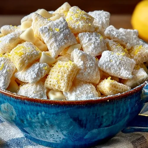 Bowl of zesty lemonade puppy chow with colorful ingredients