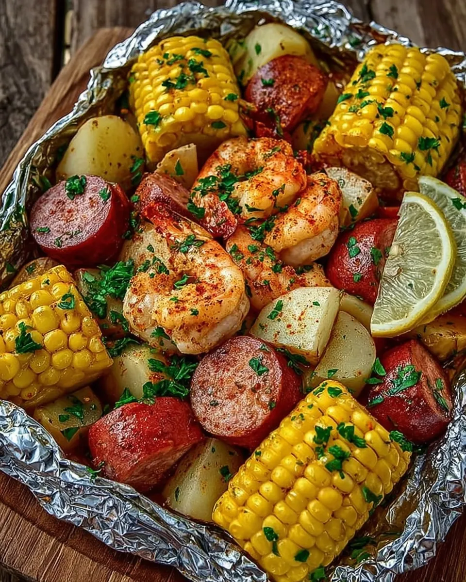 Shrimp, Corn, Potatoes, and Smoked Sausage Foil Pack
