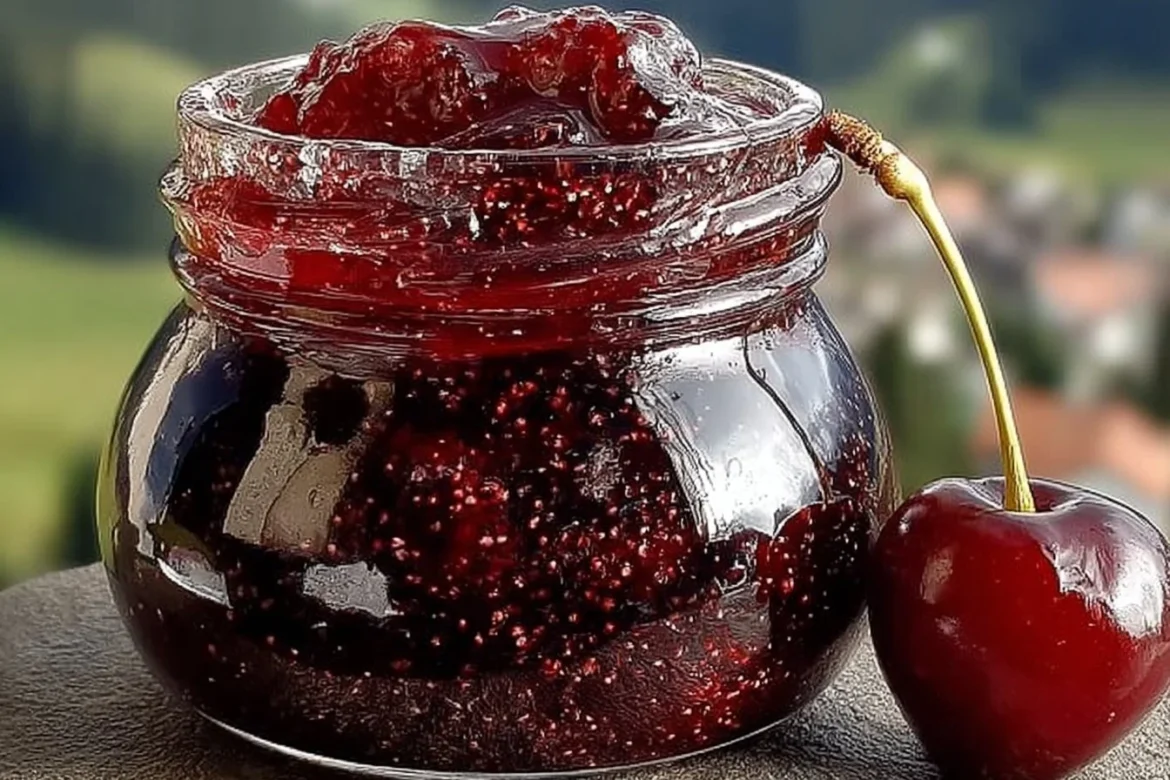 Jar of homemade Amaretto Cherry Jam with cherries and almonds.