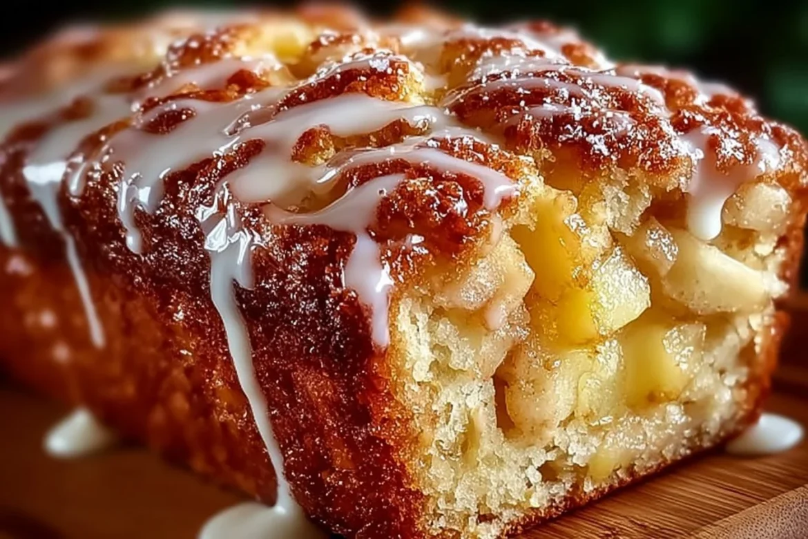 Delicious Amish apple fritter bread with chunks of apple and glaze