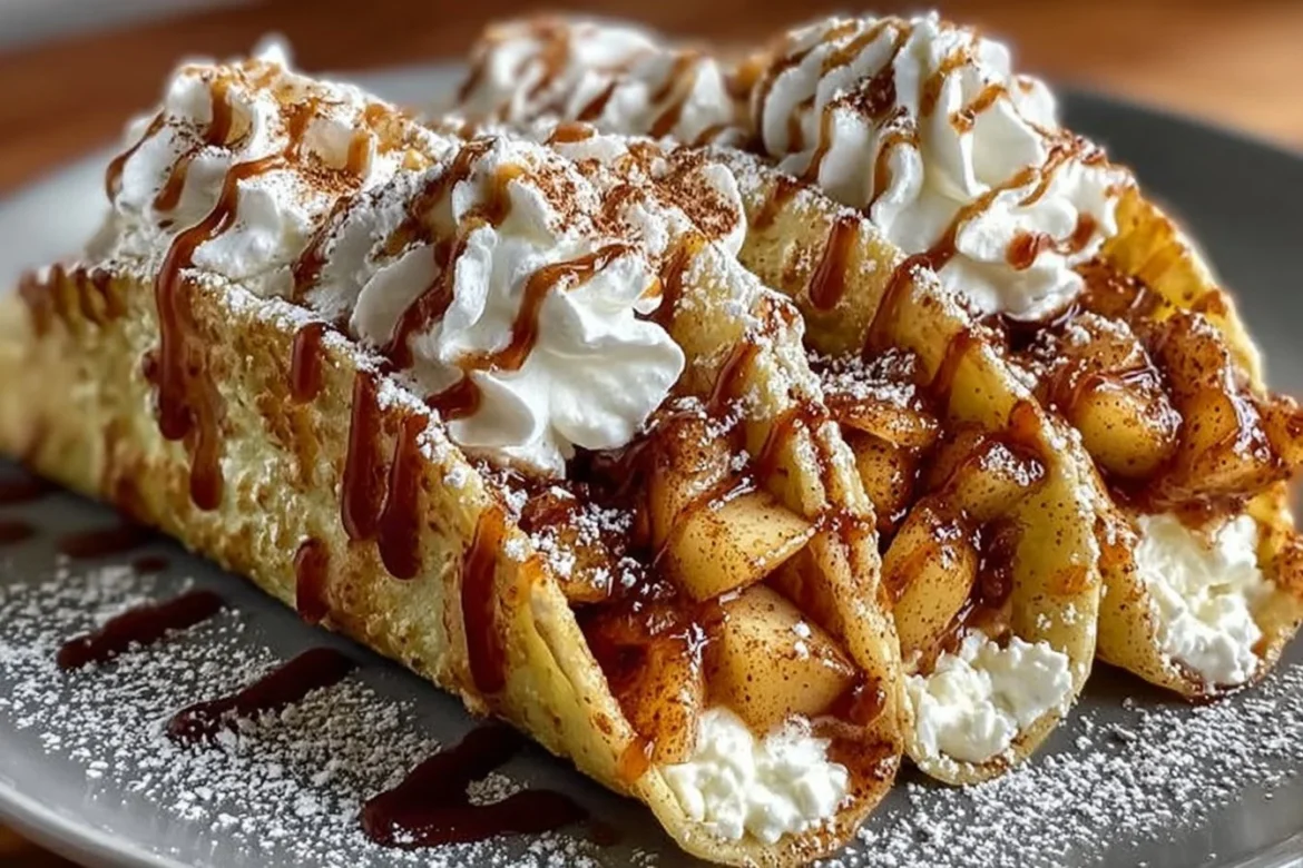 Delicious apple pie cheesecake tacos topped with whipped cream and caramel sauce.