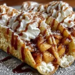 Delicious apple pie cheesecake tacos topped with whipped cream and caramel sauce.
