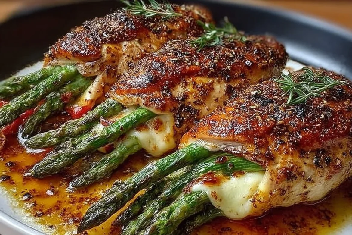 Asparagus stuffed chicken breast garnished and ready to serve