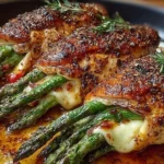 Asparagus stuffed chicken breast garnished and ready to serve