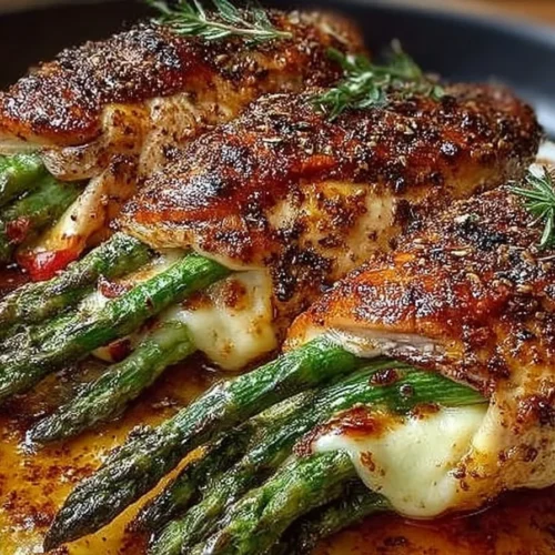 Asparagus stuffed chicken breast garnished and ready to serve