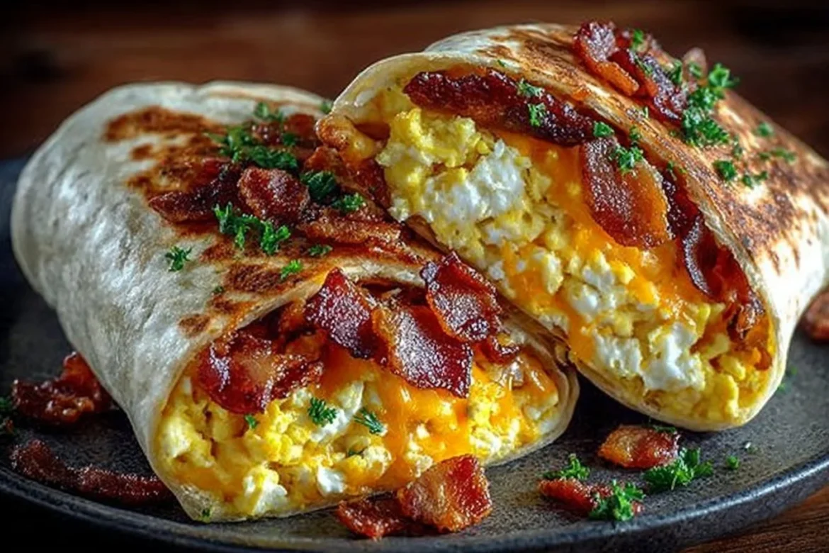 Bacon, Egg & Cheese Breakfast Burrito on a plate with fresh ingredients