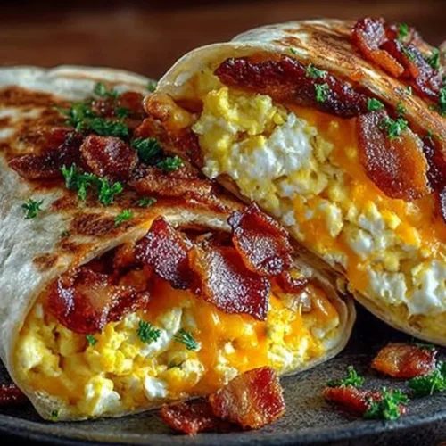 Bacon, Egg & Cheese Breakfast Burrito on a plate with fresh ingredients