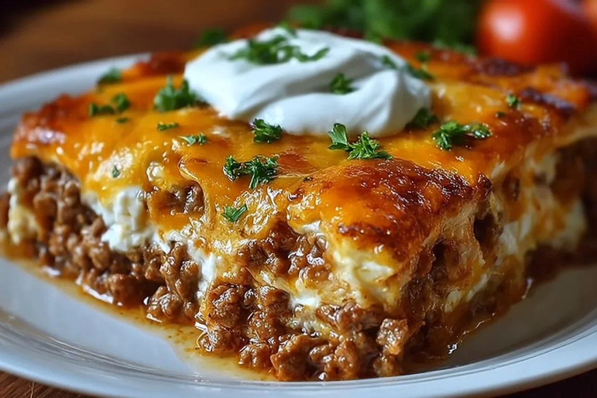 Delicious Baked Burrito Casserole topped with cheese and fresh ingredients