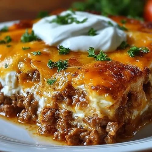 Delicious Baked Burrito Casserole topped with cheese and fresh ingredients