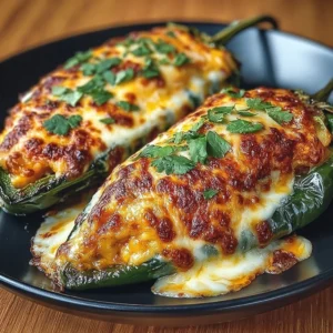 Plate of homemade Baked Chili Rellenos topped with cheese and fresh cilantro.