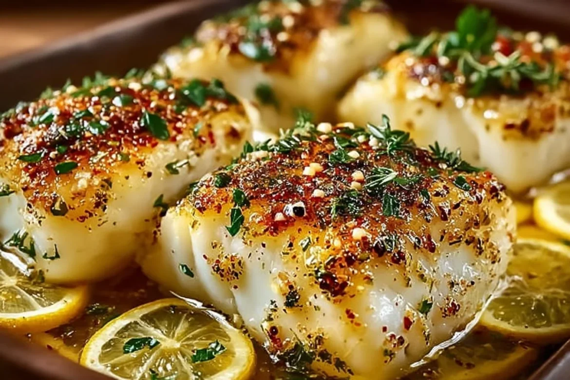 Baked cod fillet seasoned with lemon and garlic on a white plate