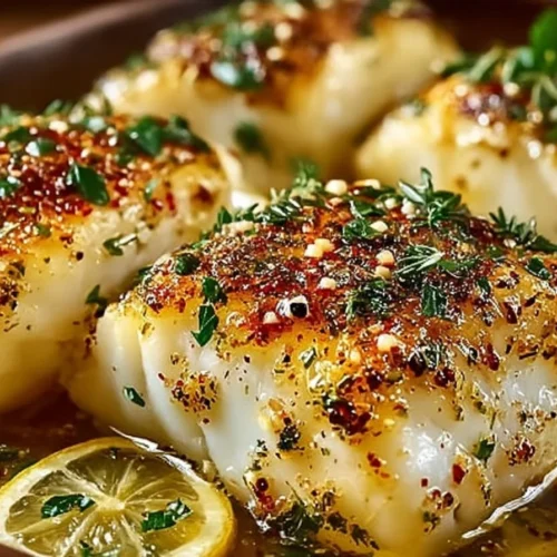 Baked cod fillet seasoned with lemon and garlic on a white plate