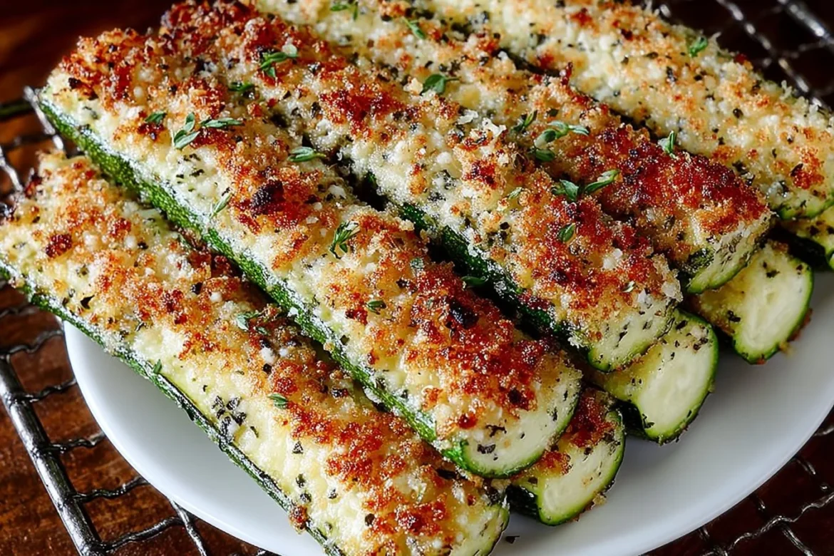 Baked Parmesan-Herb Zucchini fresh out of the oven, garnished and ready to serve.