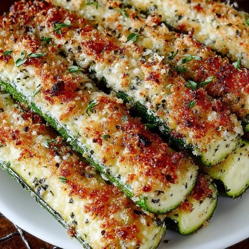 Baked Parmesan-Herb Zucchini fresh out of the oven, garnished and ready to serve.