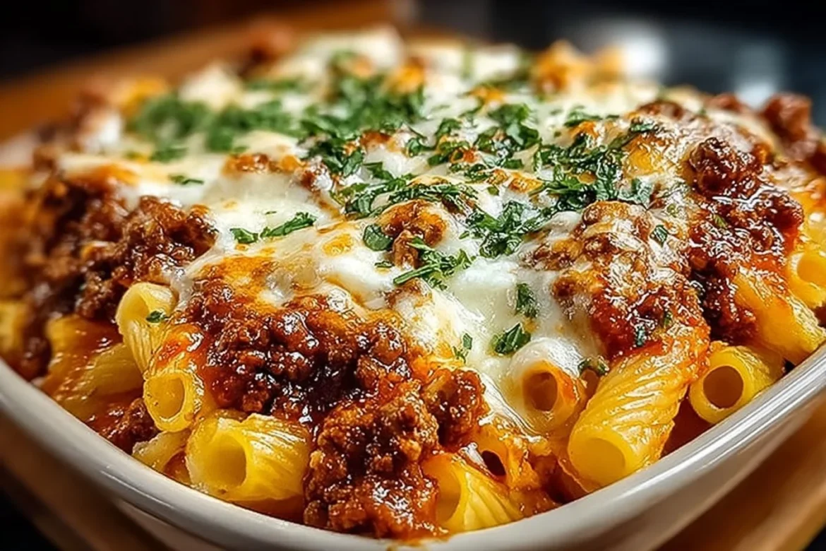 Baked ziti with ground beef and ricotta topped with melted cheese