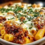 Baked ziti with ground beef and ricotta topped with melted cheese