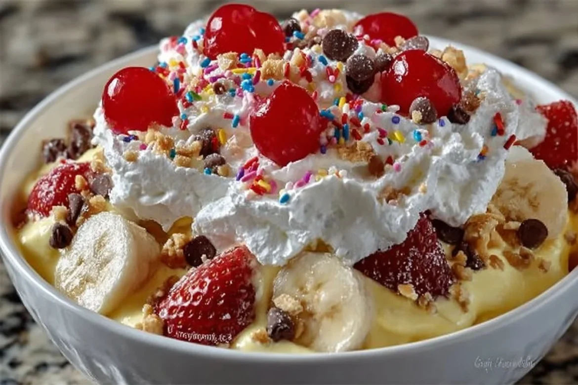 Delicious Banana Split Fluff dessert with bananas, whipped cream, and chocolate