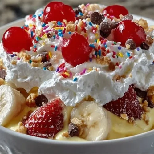 Delicious Banana Split Fluff dessert with bananas, whipped cream, and chocolate