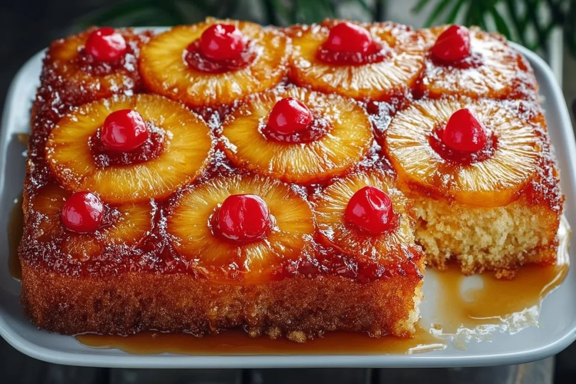 Delicious slice of homemade pineapple upside down cake on a plate