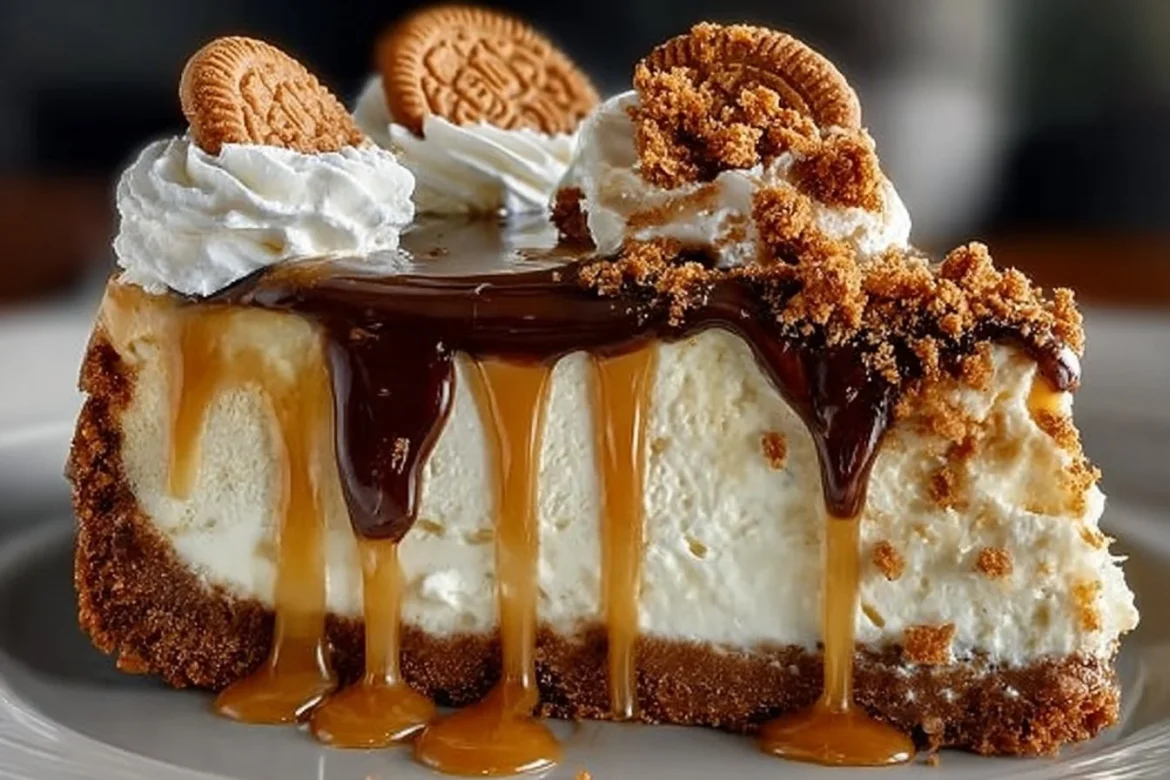 Delicious Biscoff Caramel Cookie Butter Cheesecake with creamy layers and caramel drizzle