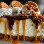 Delicious Biscoff Caramel Cookie Butter Cheesecake with creamy layers and caramel drizzle