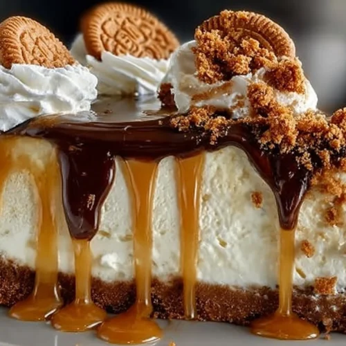 Delicious Biscoff Caramel Cookie Butter Cheesecake with creamy layers and caramel drizzle