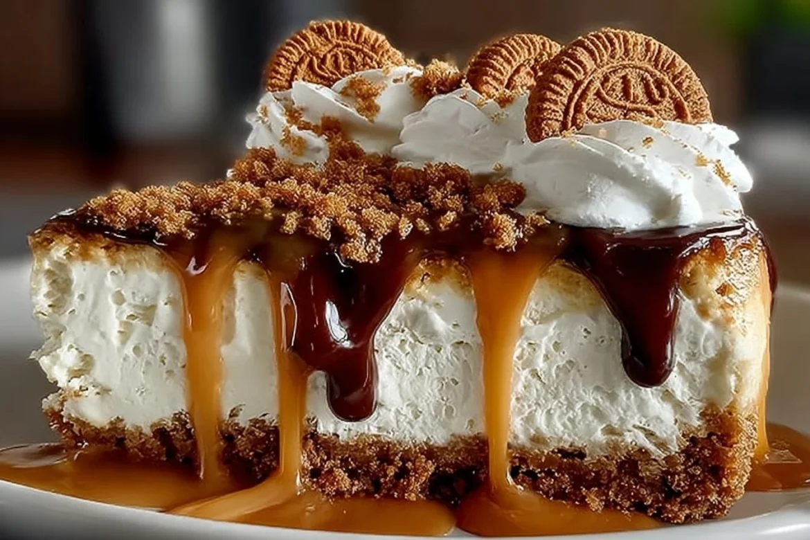 Delicious Biscoff Caramel Cookie Butter Cheesecake with a creamy texture and cookie crumbs