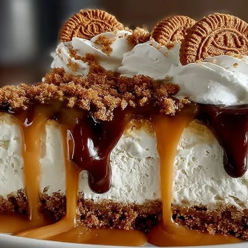 Delicious Biscoff Caramel Cookie Butter Cheesecake with a creamy texture and cookie crumbs