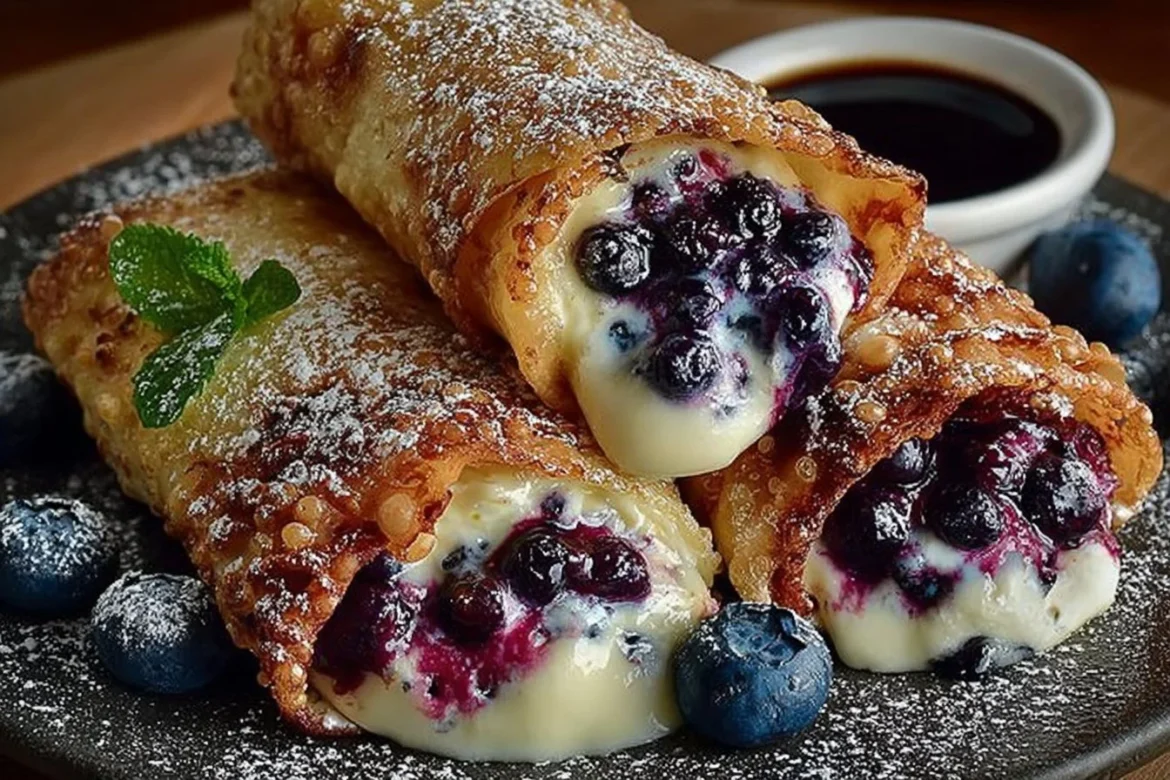 Delicious blueberry cream cheese egg rolls served with a sweet dipping sauce.