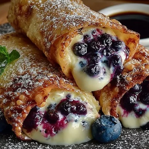 Delicious blueberry cream cheese egg rolls served with a sweet dipping sauce.