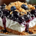 Delicious no-bake blueberry dessert served in a glass dish with fresh blueberries on top.