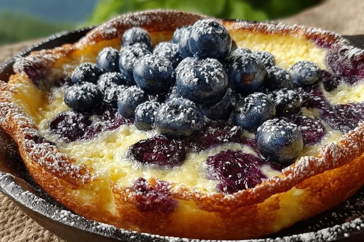 Blueberry Lemon Dutch Baby topped with fresh blueberries and lemon zest