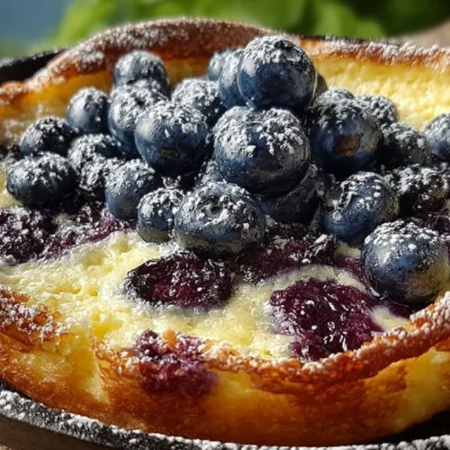 Blueberry Lemon Dutch Baby topped with fresh blueberries and lemon zest