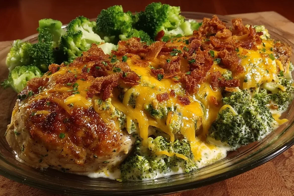 Delicious Broccoli Cheddar Chicken served on a plate with broccoli and cheese