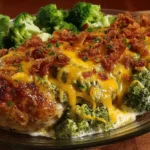 Delicious Broccoli Cheddar Chicken served on a plate with broccoli and cheese