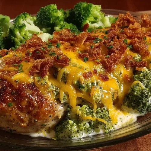 Delicious Broccoli Cheddar Chicken served on a plate with broccoli and cheese