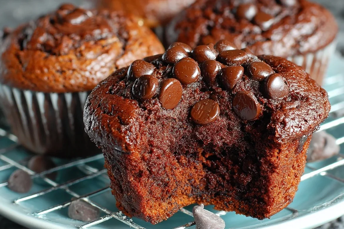 Decadent brownie muffins topped with chocolate chips and served on a plate.
