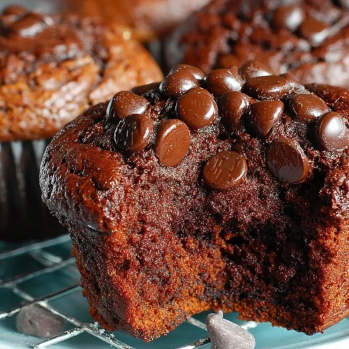 Decadent brownie muffins topped with chocolate chips and served on a plate.